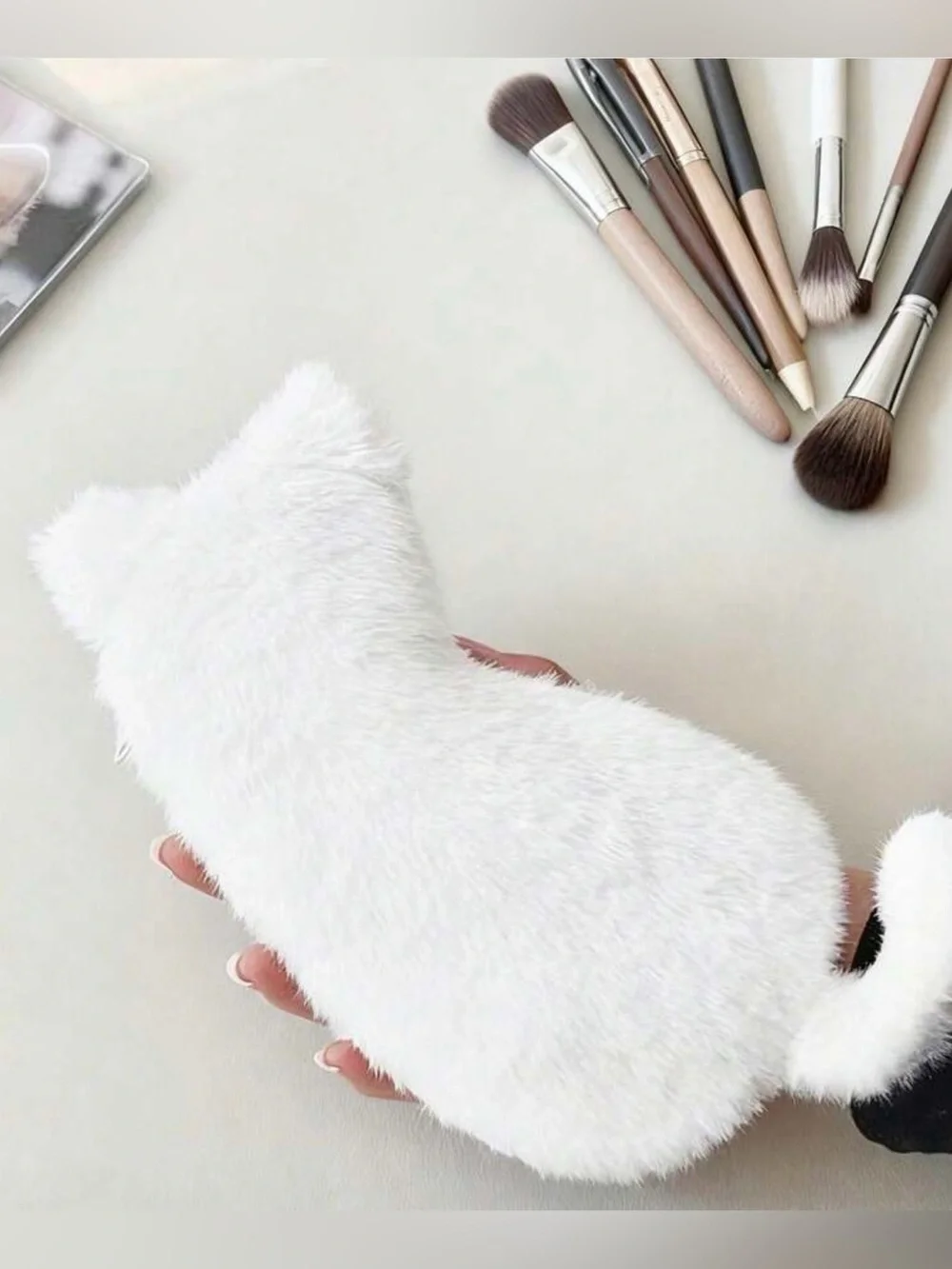 Cat Cosmetic Bag brushes fur kitten shaped makeup pouch travel luggage black Tan